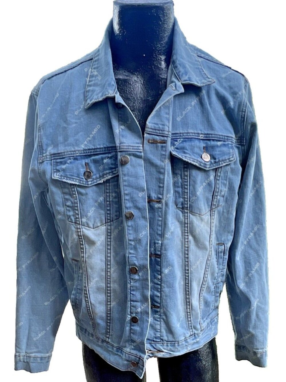 Black Pyramid Chris Brown All Over Print Repeat Logo Light Wash Denim Jacket M
